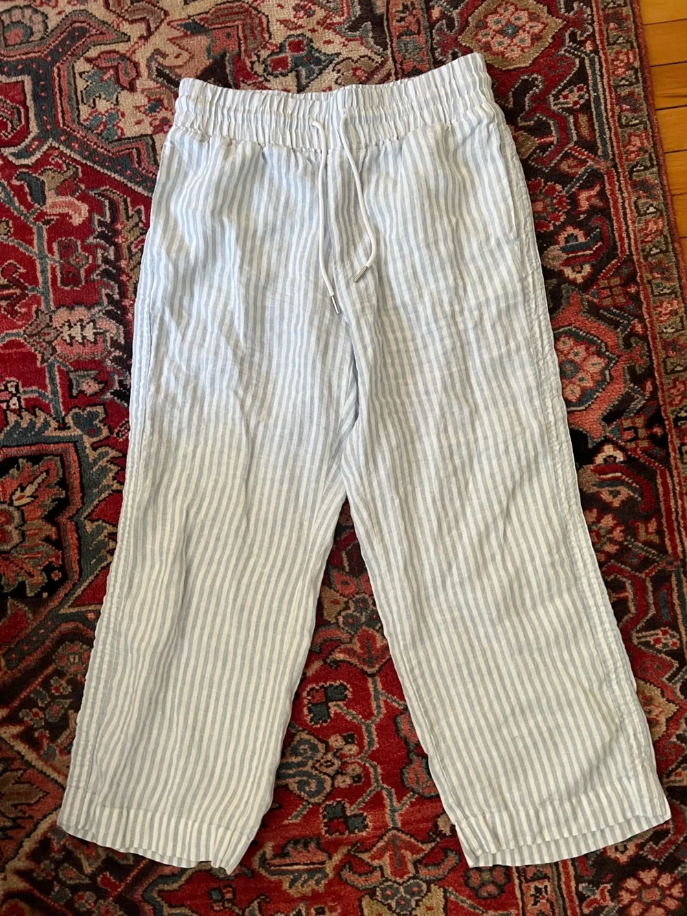 Quince 100% European Linen Wide Leg Pants in Sky blue Mariner Stripes— Large